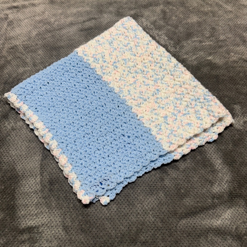 Handmade Crochet Baby Blanket Blue Pink White Striped Scalloped Border 29x30